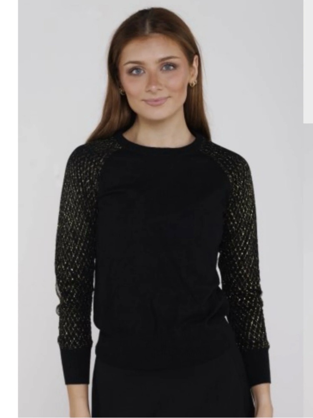 Wilfred Black Sweater with Gold-Threaded Sleeves